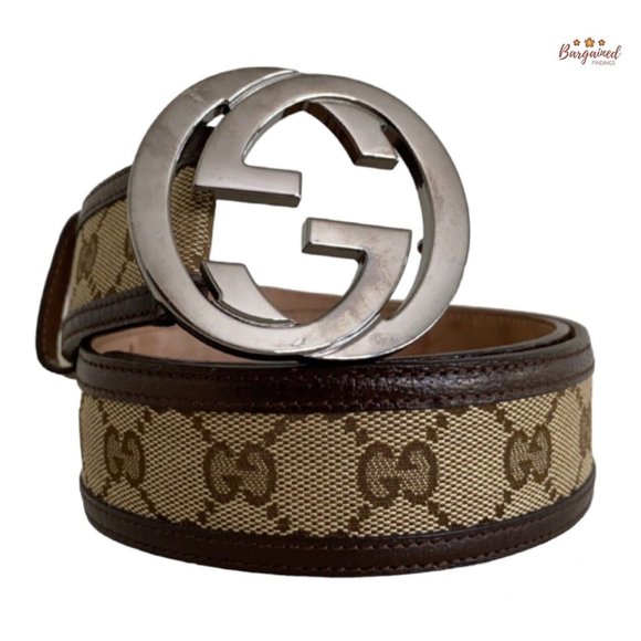Authentic GUCCI Brown Monogram Canvas Silver Interlocking G Buckle Belt 75/30 - Picture 1 of 13